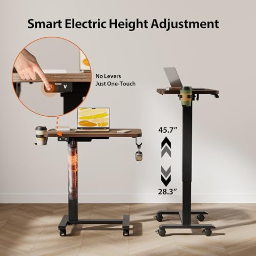 Image of Agilestic Electric Standing Desk, 26 x 16 Inches Height Adjustable Desk, Sit Stand up for Work Office Home, Ergonomic Rising Computer Table with with Wheels, Dark Walnut