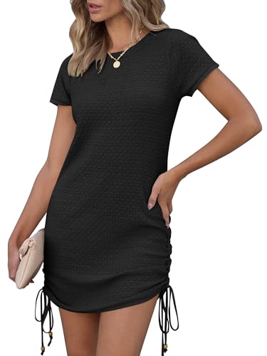 ANRABESS Women Swimwear Cover Up Short Sleeve Knit T Shirt Dress 2025 Summer Beach Drawstring Swim Suit Crochet Mini Dresses