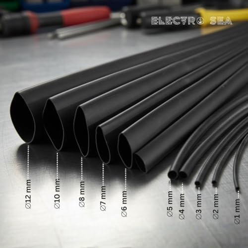 Image of ElectroSea Black 20 cm Each Heat Shrink Tubing Kit, 100 PCS Assortment (1mm to 12mm) - 2:1 Shrink Ratio, Electrical Wire Cable Insulation, Waterproof Polyolefin Sleeve for Automotive, Marine & DIY