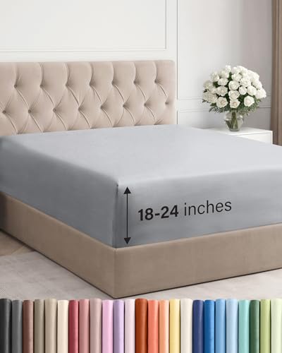 Extra Deep King Fitted Sheet - Hotel Luxury Single Fitted Sheet Only - Easily Fits 18 inch to 24 inch Mattress - Ultra Soft, Wrinkle & Fade Free w/Extra Deep Pockets - Breathable & Comfy - Steel Blue