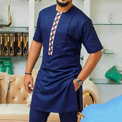 Men's African Outfit 2 Piece Set Short Sleeve Shirt and Pants Traditional Suit Round Neck Slim Fit Tops (Color : Blue, Size : Large)2