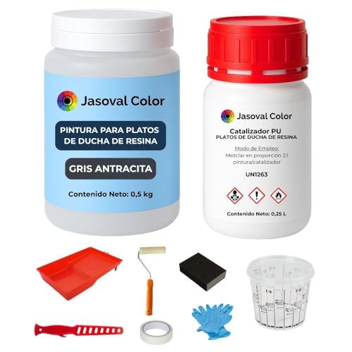 Jasoval Color Pintura Plato Ducha Resina Antideslizante Gris Antracita, Kit Reparacion Plato Ducha Resina con Herramientas, Pintura Antideslizante (0,5 kg Poliuretano + 0,25 L Catalizador)