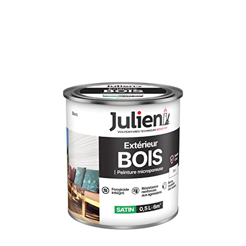 Julien Peinture Bois Microporeux Extérieur Satin - Portes, fenêtres, portails, mobilier de jardin - Blanc 0,5 L