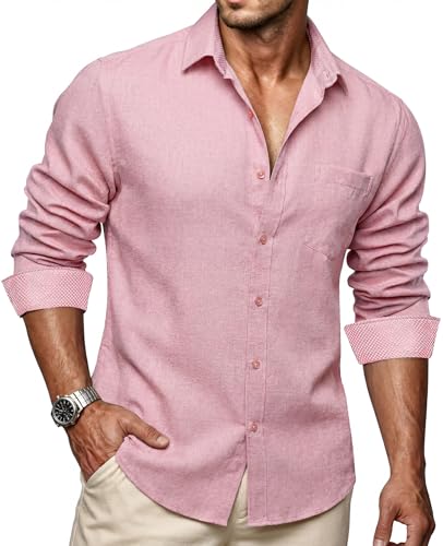 Image of Ailisus Pink Shirt Men Long Sleeve Cotton Linen Shirts Regular Fit Business Smart Casual Dress Shirt Button Down Contrast Collar XL