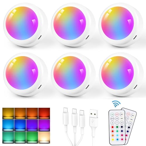 Vankarr Lampe de Placard Rechargeable USB Lampe LED Veilleuse Sans Fil RGB 13 Couleurs avec Télécommande Spot LED pour Armoire, Vitrines, Couloir, Chambre, 6 Pièces