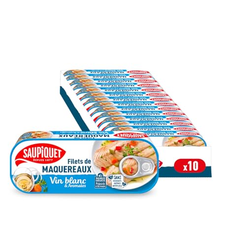 SAUPIQUET - Filets de Maquereaux au Vin Blanc & Aromates - Riches en Oméga 3 - Issus d'une Pêche Traçabilité Garantie - 10 Conserves (176 g)