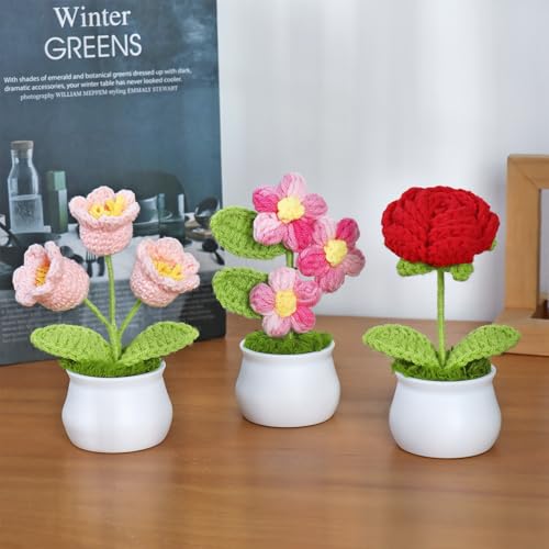 Weldomcor 3Pcs Crochet Flowers, Handmade Crochet Sunflower Set Cute Stuff Emotional Support Gift Funny Dashboard Accessories Desk Decor Get Well Soon Thank You Gifts for Women