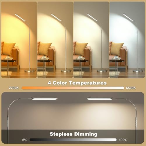 Image of Yikuneng Dimmable LED Floor Lamp, Super Bright Reading Lamps Floor Standing lamp with Remote & Touch Control, Stepless Dimming & 2700K-6500K Color Temperature, for Living Room Bedroom Office, Silver