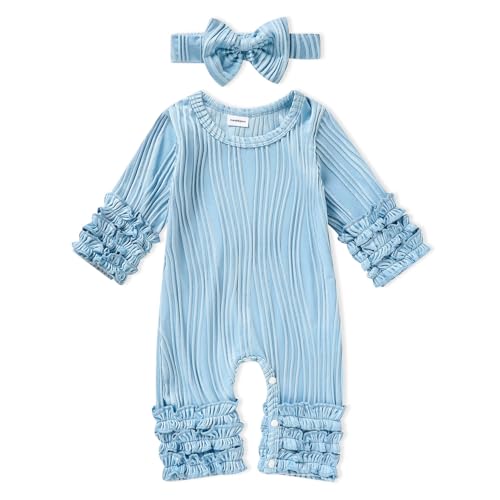 Image of GRNSHTS Newborn Baby Girls Ruffle Romper Solid Long Sleeve Jumpsuit One-Piece Coming Home Clothes With Headband