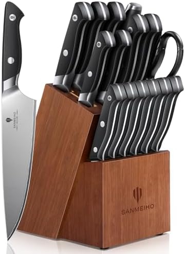 16 PCS Knife Set with Block, Japanese Kitchen Knife Set with 5 La...