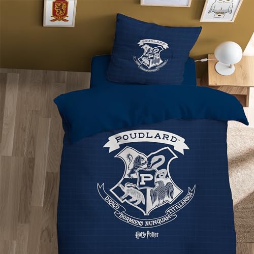 Harry Potter Preppy Parure de Lit Enfant 1 Personne | 100% Coton | Oeko-TEX | Housse de Couette 140x200 cm + 1 Taie d'oreiller 63x63 cm | Imprimé Réversible...