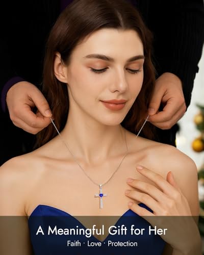 September Birthstone Cross Necklace for Women, 925 Sterling Silver 5A CZ Birthstone Dainty Heart Cross Pendant Non-Tarnish Jewelry Christmas Anniversary Birthday Baptism Gifts Girlfriend Wife Mom