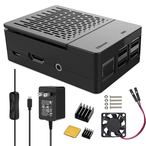 iUniker Case for Raspberry Pi 3 Kit with 3010 Quiet Fan, 3 Pcs Heatsinks, 5V 3A Micro USB Power Supply with Switch – Durable DIY Enclosure for Retro Gaming, Home Assistant, Overclocking