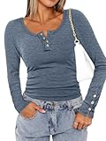 ATHMILE Women Long Sleeve Shirts Casual Tops Going Out Fall Outfits Squart Neck Ribbed Tshirt Henley T Shirts Business Thermal Y2k Cute Basic Tee Fashion Trendy Winter Clothes 2025 S Blue