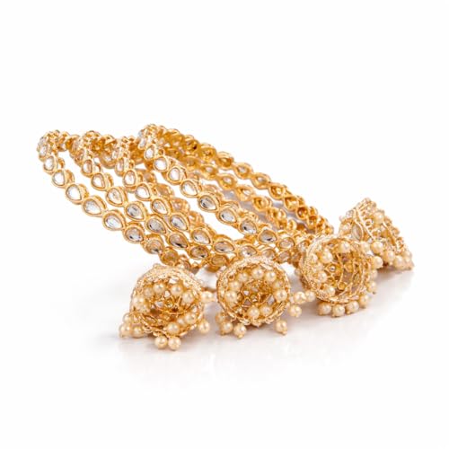 Image of Gold Plated Kundan Bangle Set for Women | Teardrop Stone Bangles with Pearl Beaded Latkan Charm Ethnic Wedding Jewellery | Bangle Set of 4 for Women & Girls