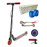 JD RAZOR MS-105RB キックボード キックスクーター 子供 小学生 ハンド ブレーキ付き LED 光る タイヤ 折り畳み 2輪 プレゼント ギフト クリスマス (【ラッピング済】レッド/プロテクター付)