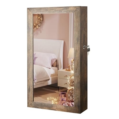 SONGMICS Armario Joyero de Pared, Armario de Joyas con Espejo, Organizador de Joyas para Ahorrar Espacio, Superficie Marrón Rústico y Forro Negro JJC051K01