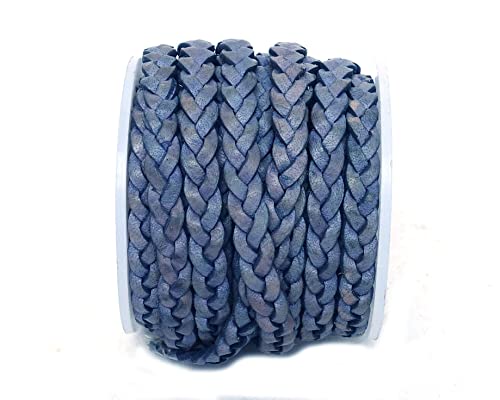 Cords Craft, 5Mm 3 Ply Flat Braided Genuine Leather Cord, Braided Leather Cord, Leather Cord, Flat Cords, Denim Color, Hand Braided, Roll Of 5 Meters #TOP2