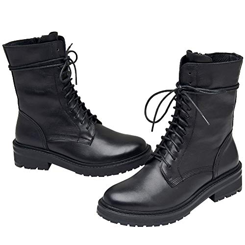 rismart Women's Mid Calf Military Boots Leather Lace Up Motorcycle Combat Shoes4