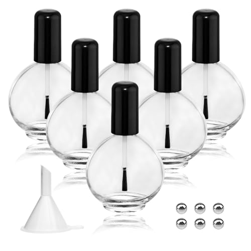 6PCS Large Capacity 75ML Empty Nail Polish Bottles with Brush, Large Spherical Refillable Glass Cuticle Oil Bottles Containers with Funnel & Mixing Balls 2.6oz for DIY Nail Art Cuticle Oils (Black)
