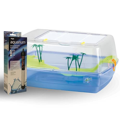 NESTQ - Casa para Tortugas de Agua con Calentador 25 W – Tortuguero con Rampa Tortugas de Agua – Pecera Tortuga – Terrario Tortugas – Tanque con Termostato tamaño 53X38X25,5 cm (Azul Transparente)