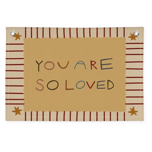Image of Boy Girl Nursery Kids Room Decor, You Are So Loved Inspirational Canvas Banner Flag Wall Decor, Retro Neutral Wall Hanging Flag Decorations for Kids Toddler Room Bedroom Playroom, 30x20 Inch