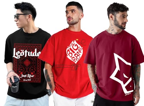 Image of LEOTUDE Men's Cotton Trendy Oversized Round Neck Printed T-Shirt Combo (Pack of 3)