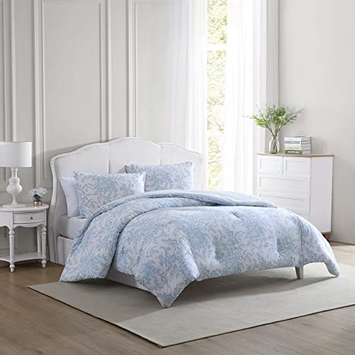 Image of Laura Ashley - Twin Comforter Set, Soft Bedding with Matching Sham, Reversible Floral Room Decor, College Dorm Room Essentials (Bedford Blue)