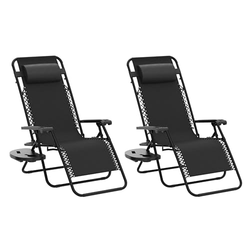 DWELLTON Zero Gravity Lounger Chair Folding Reclining Patio Chair with Headrest Soft Cushion and Cup Holder for Poolside Outdoors Relaxation (2 Black)