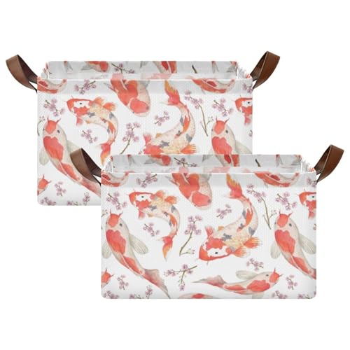 Fygkptb Watercolor Oriental Asian Carps Fish and Cherry Blossoms on White 2PC Rectangle Foldable Frame Basket Leather Handles Storage Bin for Laundry Bathroom Organizer M 16.9 x 11.4 x 10 inch
