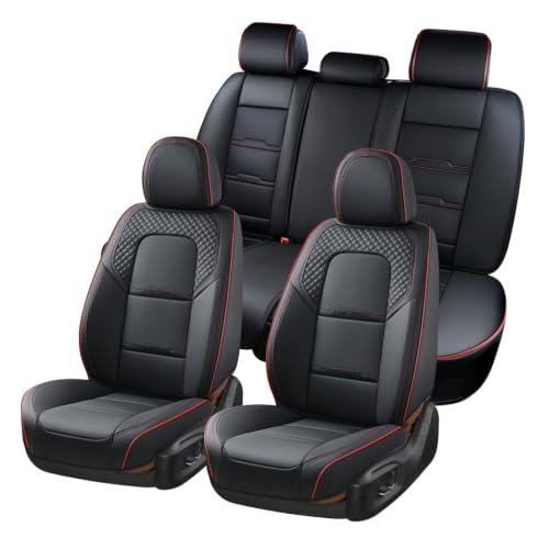Image of Coverado Car Seat Covers Full Set, 5 Piece Car Seat Protector with Removable Headrest, Nappa Leather Breathable Front Rear Seat Cushion Side All Wrapped Universal Fit Truck Most Cars (Black & Red)