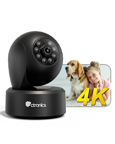 Ctronics 4K Camara Vigilancia WiFi Interior, Seguimiento Automático, Detección AI Humano/Mascotas, App/PC, WiFi 2.4/5GHz, Cloud & 256GB TF, FTP/NVR/NAS, 24/7, 355° Pan/ 120° Tilt, Visión Nocturna
