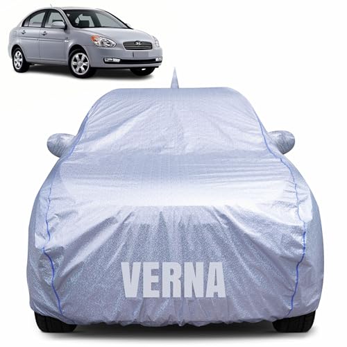 Image of 100% Waterproof Car Body Cover for Hyundai Verna with Mirror Pocket, Heat & UV Resistant, Triple Stitched, Soft Lining, Bottom Elastic & Piping (Silver Reflective)