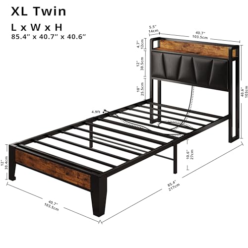 LIKIMIO Twin XL Bed Frames, Storage Headboard with Charging Station, Solid and Stable, Noise Free, No Box Spring Needed, Easy Assembly (Vintage and Black)