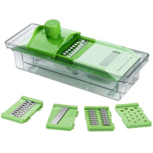 Cortador de mandolina con cuchillas de acero inoxidable, protector de manos seguro y plástico apto para alimentos, ideal para cebollas, zanahorias y papas