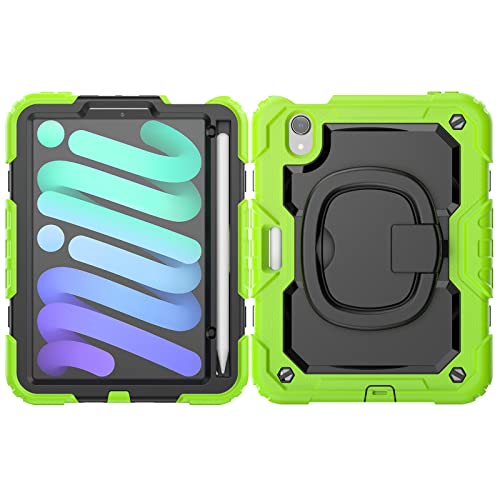 Coque iPad mini 6 rotative à 360 degrés robuste en TPU vert avec sa sangle de transport