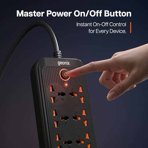 Image of Geonix PowerSpan U8 | Power Strip with 8 Universal Sockets, 2500W Max., 4 USB Ports, 2 C-Type Port, 10 Amps, 3 Mtr Copper Cable, Overload Surge Protection, Durable Abs Body, 250 Volts (Black)