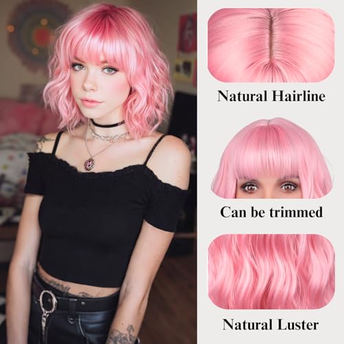 Perruque rose frange sangles réglables cheveux synthétiques