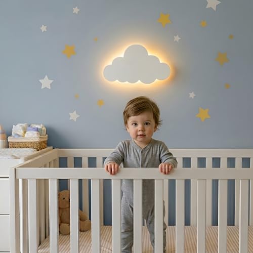 Image of KALEOLI Cloud Wall Light for Nursery (Pack of 1) - Crib & Baby Room Decor Nigth Light – Dimmable & Rechargeable Kids Wall Lamp for Bedtime Routines - 68Pcs Star Wall Decals Included