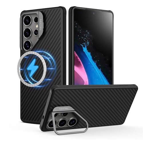 Image of Nillkin Carbon Fiber, Polycarbonate, Metal For Samsung Galaxy S25 Ultra Carbon Fiber Protective Case Case With Camera Kickstand [ Compatible With Magsafe /Military Grade Drop Tested ]- 6.9'' Black