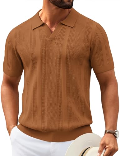 Image of COOFANDY Mens Knit Polo Shirts V Neck Textured Polo Shirts Short Sleeve Breathable Polo Casual Collared T Shirt Fashion Tops