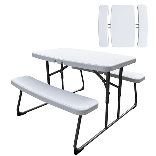 Elevon Folding Picnic Table with Benches, Outdoor Picnic Table HDPE Tabletop & Steel Frame, Ideal for Yard Patio Lawn Party, White