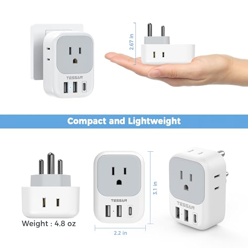 Tessan Us To India Plug Adapter, India Power Adapter With 4 American Outlets 3 Usb Charger (1 Usb C Port), Type D Travel Adaptor For Usa To India Bangladesh Maldives Nepal Pakistan thumb #4