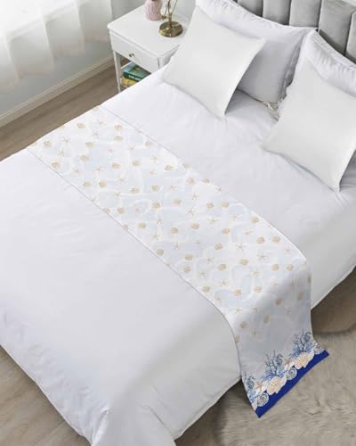 Queen Bed Runner Ocean Shells Starfish Blue Coral Bedding Runner Scarves Decorative Bed Scarf, Navy Blue Soft Bed Runners for Bedroom Hotel Wedding 94x20in