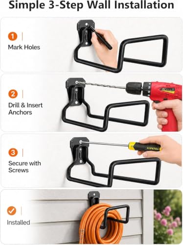 Image of Hose Hanger, Hose Holder Wall Mount Heavy Duty Organizer for Garden Hoses Metal Hook Outdoor Rack for Water Hoses, 3 Pack