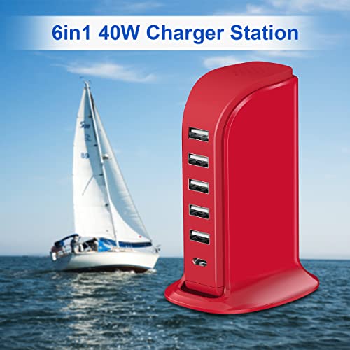 Image of USB Phone Charger 6 Ports 40W Upoy, Type C Wall Charger Smart 6A, Charging Tower with 5ft Power Cord, USB Power Adapter Fast Charging, Smart Home Device Charging Station, iPhone /Ipad Accessories