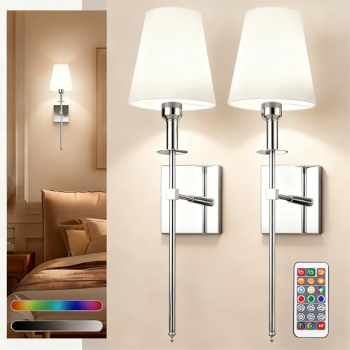 Image of DORESshop Battery Operated Wall Sconce Set of 2, Chrome Rechargeable Wall Lights, Sconce Wall Decor Set of 2, 7 Colors Mode Wireless Sconces for Bedroom Living Room Hallway