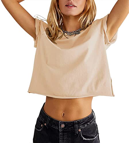 Carpetcom Women's Casual Loose Fit Short Sleeve Tee Shirts Soild Basic Gym Yoga Running Workout Trendy Crop Tops Khaki #TOP18