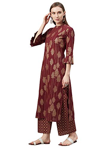 Image of INDO ERA Women's Pure Cotton Printed Straight Kurta Palazzo With Dupatta Set(IE21KS0GN1500)