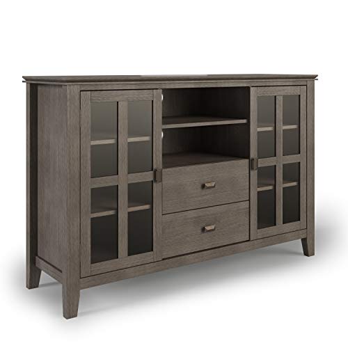 Simplihomesimpli Home Artisan Solid Wood Universal Tall Tv Media Stand 53 Inch Wide Contemporary Storage Shelves And Cabinets With Glass Doors For Flat Screen Tvs Up To 60 Inches Farmhouse Grey Dailymail